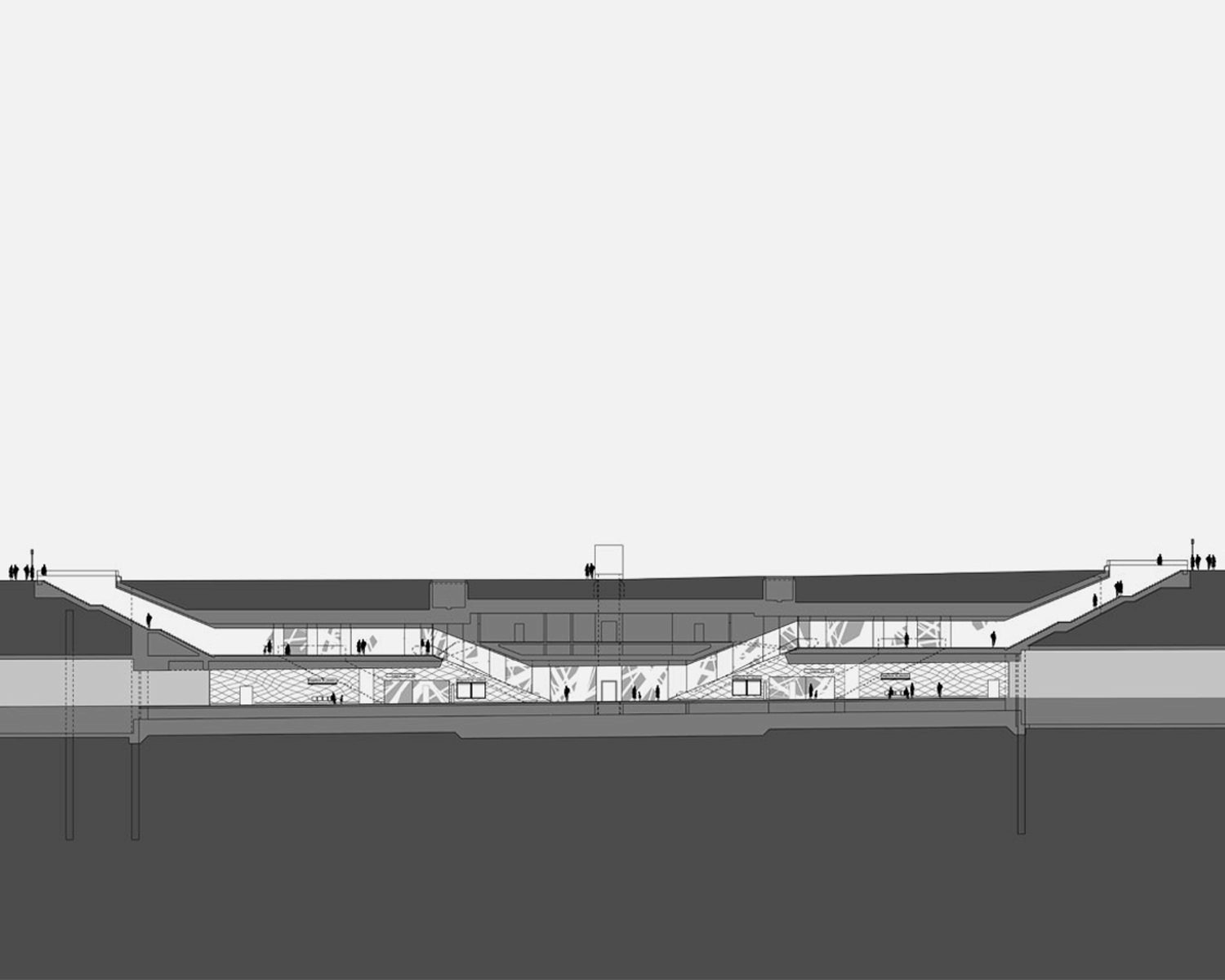 Wehrhahnlinie Duesseldorf, Concept, Konzept, Access Ramps, Rampenbauwerke, Pempelforter Strasse, Longitudinal section, Photo netzwerkarchitekten